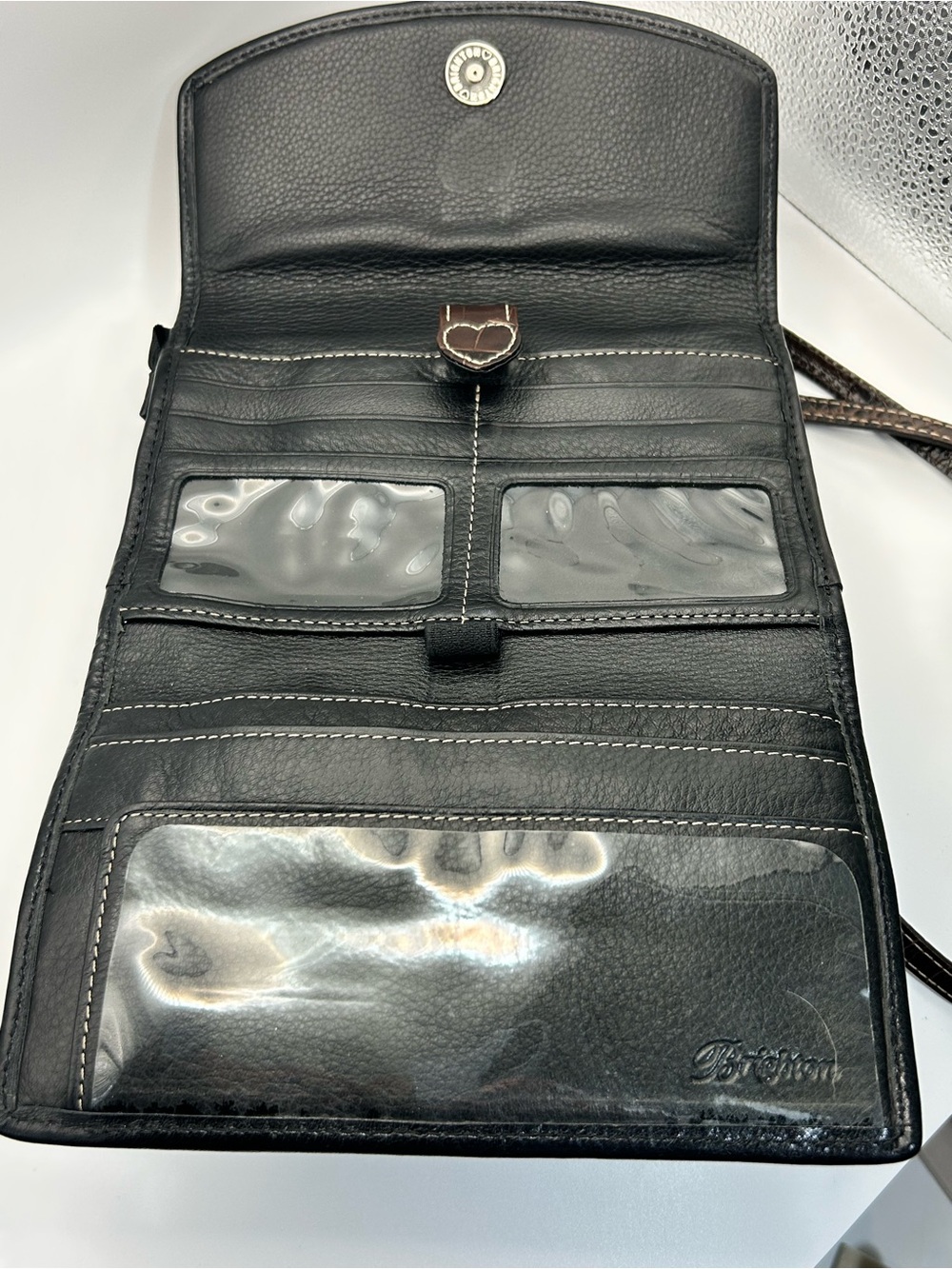 Brighton Vintage Pebble Leather Crossbody Purse Two-tone Black Brown Organizer - Picture 8 of 16